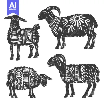 Aset premium populer: Four Stylized Black And White Sheep With Geometric Patterns