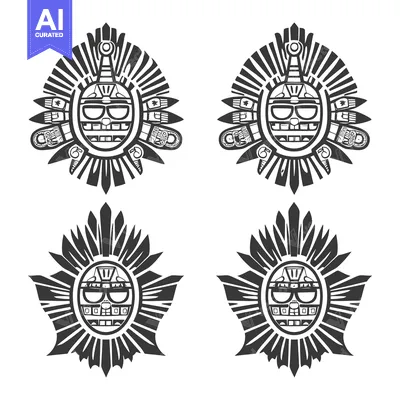 Download Four Stylized Black and White Sun Masks with Geometric Details Vector Graphic