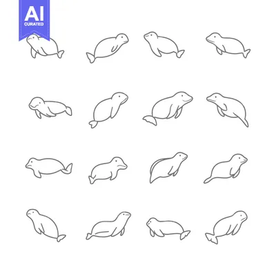 Download Fourteen Gray Outline Drawings of Harbor Seals in Various Poses Vector Graphic