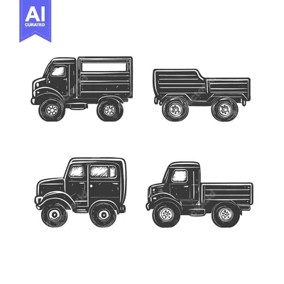 Aset desain premium: Four Vintage Truck Illustrations in Black and White