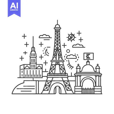 An illustrated linear artwork showing landmark buildings and decoratio