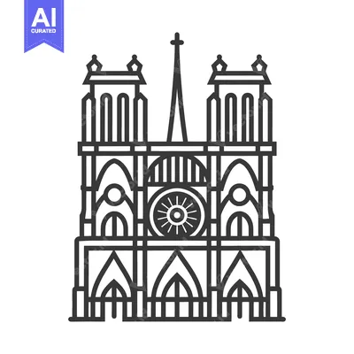 Aset desain premium: A symmetrical black and white line drawing of a cathedral facade
