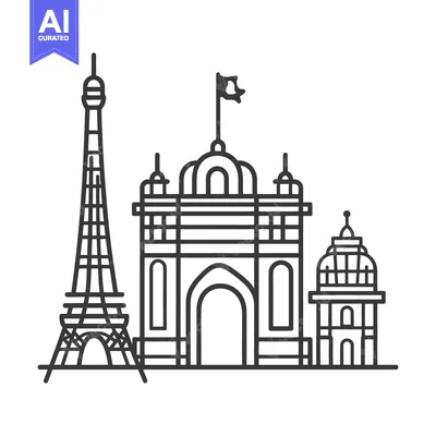 Popular premium asset: Black and white linear illustrations of famous world landmarks togethe