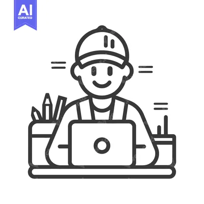 Aset desain premium: A smiling person with cap working on a laptop computer