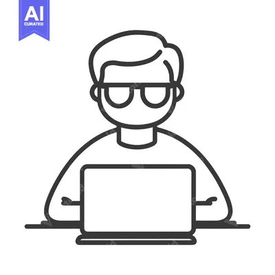 Premium design asset: A line drawing depicting a person working on a laptop computer