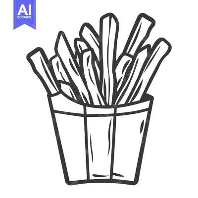 Aset desain premium: A black and white illustration depicts a container of fried potatoes