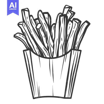 Aset premium populer: A black and white illustration of french fries in a container