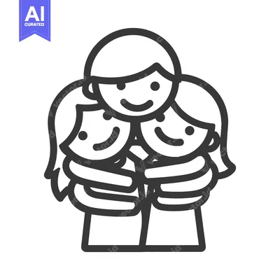 Aset desain premium: Three smiling cartoon figures embrace in loving and happy contact