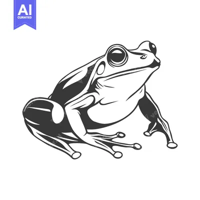 Aset desain premium: A black and white illustration depicting a single frog resting still