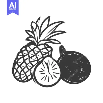 Aset premium populer: A stylized illustration depicts three tropical fruits in ink