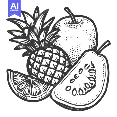 Aset desain premium: A monochrome illustration of several pieces of tropical fruit