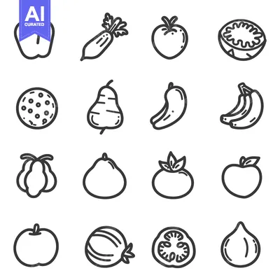 Aset desain premium: Sixteen Different Simple Outlined Drawings Of Fruits And Vegetables