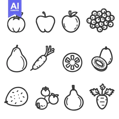 Aset premium populer: Illustrated outlines of various fruits and vegetables on a white backg