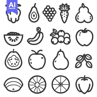 Premium design asset: Several simple black and white line drawings depicting various fruits