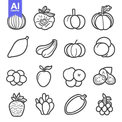 Outlined drawings showcasing varied fruits and vegetables with simple