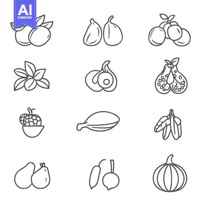 Aset desain premium: Outlined Illustrations Depicting Various Forms of Natural Fruits and V