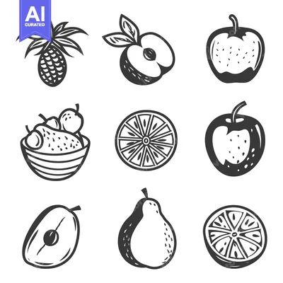Aset premium populer: Black and white drawings illustrating various types of fresh fruits