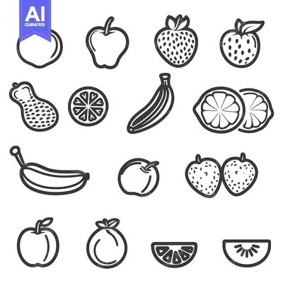 Aset premium populer: Outlined fruit illustrations depict various types and shapes of produc