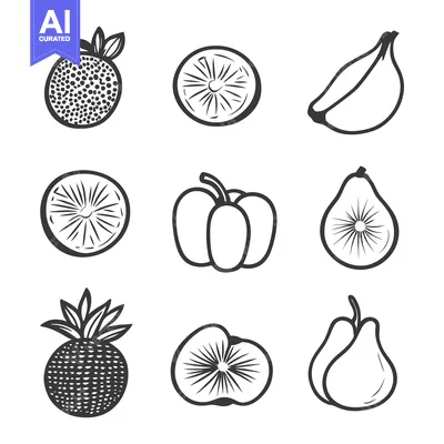 Aset desain premium: Nine Line Drawings Depicting Various Fruits and Vegetables