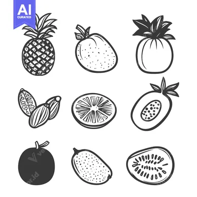 Aset premium populer: Black and white illustrations of multiple varieties of fruits