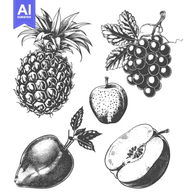 Aset premium populer: Hand Drawn Illustration of Assorted Fruits Including Pineapple Apple a