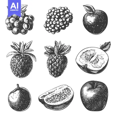 Popular premium asset: Collection of hand drawn fruits illustrations featuring apples strawbe