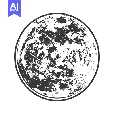Premium design asset: A detailed black and white circular illustration of the moon