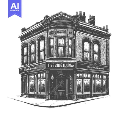 Aset premium populer: A detailed illustration of a corner brick building