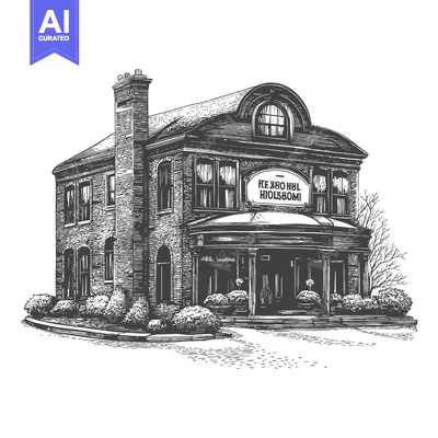 Premium design asset: Engraving of a Brick Building with a Classical Porch
