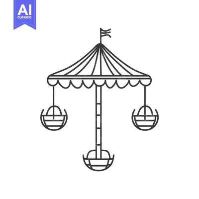 A simple line drawing depicts a carnival ride with baskets