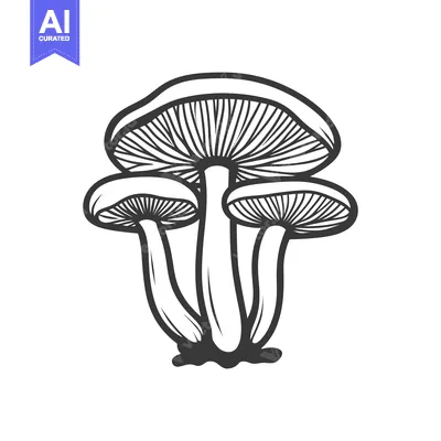 A black and white illustration of clustered mushrooms on a white backg