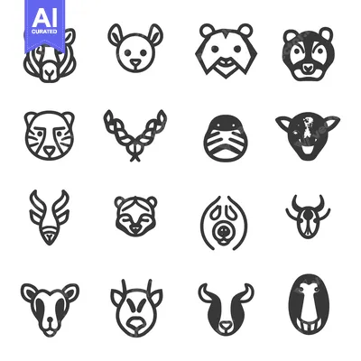 Aset desain premium: Minimalistic illustrations of various animal faces presented in a grid