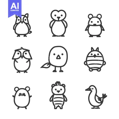 Aset premium populer: Simple monochrome illustrations of various adorable cartoon animals