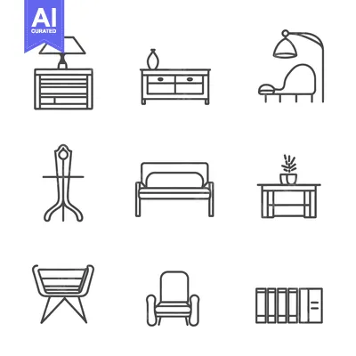 Aset desain premium: Nine minimalist line art illustrations of common household furniture
