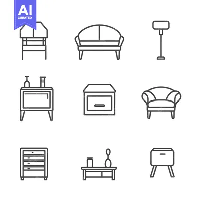 Aset desain premium: A collection of furniture objects displayed with simple line drawings