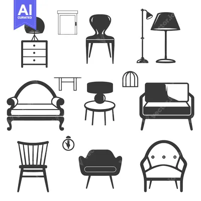 Aset premium populer: Various pieces of stylized furniture are arranged in simple illustrati