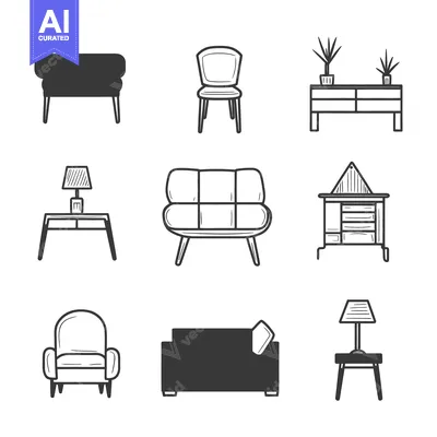 Aset premium populer: Assortment of furniture represented using minimalist black line drawin