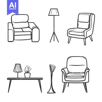 Aset desain premium: Monochrome Illustrations Depicting Various Furniture Elements and Obje