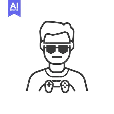 Premium design asset: A simple line drawing of a person wearing sunglasses and a controller