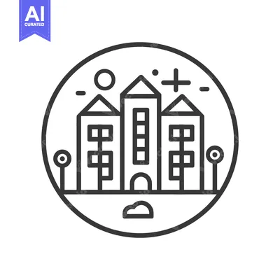 Aset desain premium: Simple black and white illustration depicts a collection of buildings