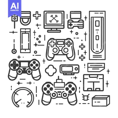 Aset desain premium: Various gaming controllers and related technology elements are illustr