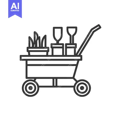 Aset premium populer: Minimalist Outline: Trolley with Plants and Glasses, Clean Design
