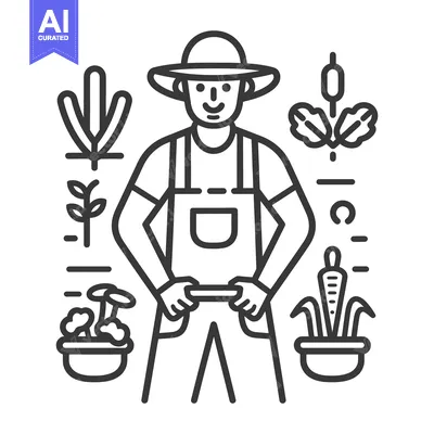 Aset desain premium: An illustration depicting a farmer surrounded by different garden plan