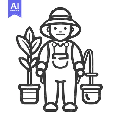 Aset premium populer: A gardener stands with a potted plant and a watering can ready