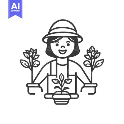 Aset premium populer: A smiling person wearing a hat holding potted plants