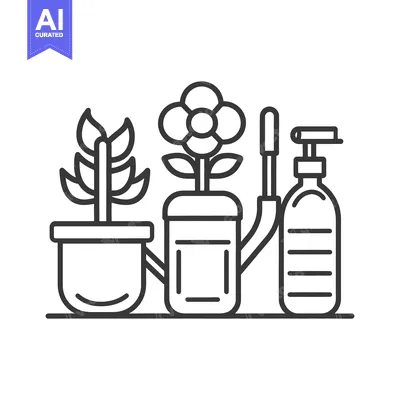 Aset desain premium: Illustrated gardening tools and potted plants with simple outlines