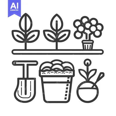 Premium design asset: Simple garden illustration with plants and gardening related tools
