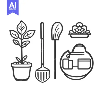 Aset premium populer: Black and white line illustrations of garden and plant elements