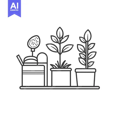 Aset premium populer: A line drawing depicts potted plants and a watering can