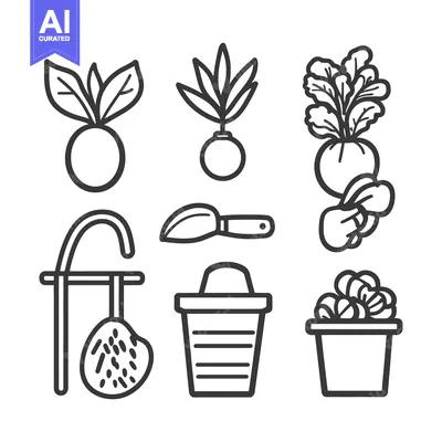 Aset premium populer: Illustrated icons depicting gardening supplies and plant life